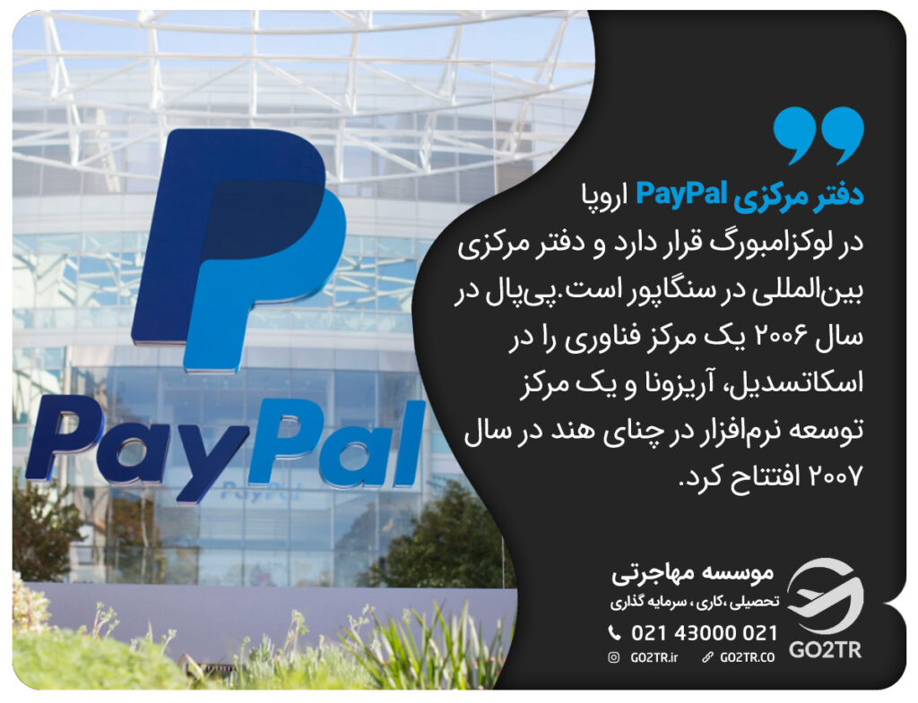 دفتر مرکزی PayPal اروپا در لوکزامبورگ قرار دارد و دفتر مرکزی بین‌المللی در سنگاپور است. پی‌پال در سال 2006 یک مرکز فناوری را در اسکاتسدیل، آریزونا و یک مرکز توسعه نرم‌افزار در چنای هند در سال 2007 افتتاح کرد.
